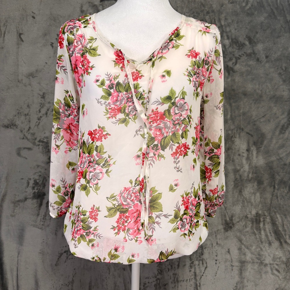 Venus Floral Blouse Women M Cream Pink Sheer Tie Neck Boho Blouson Cottage Party